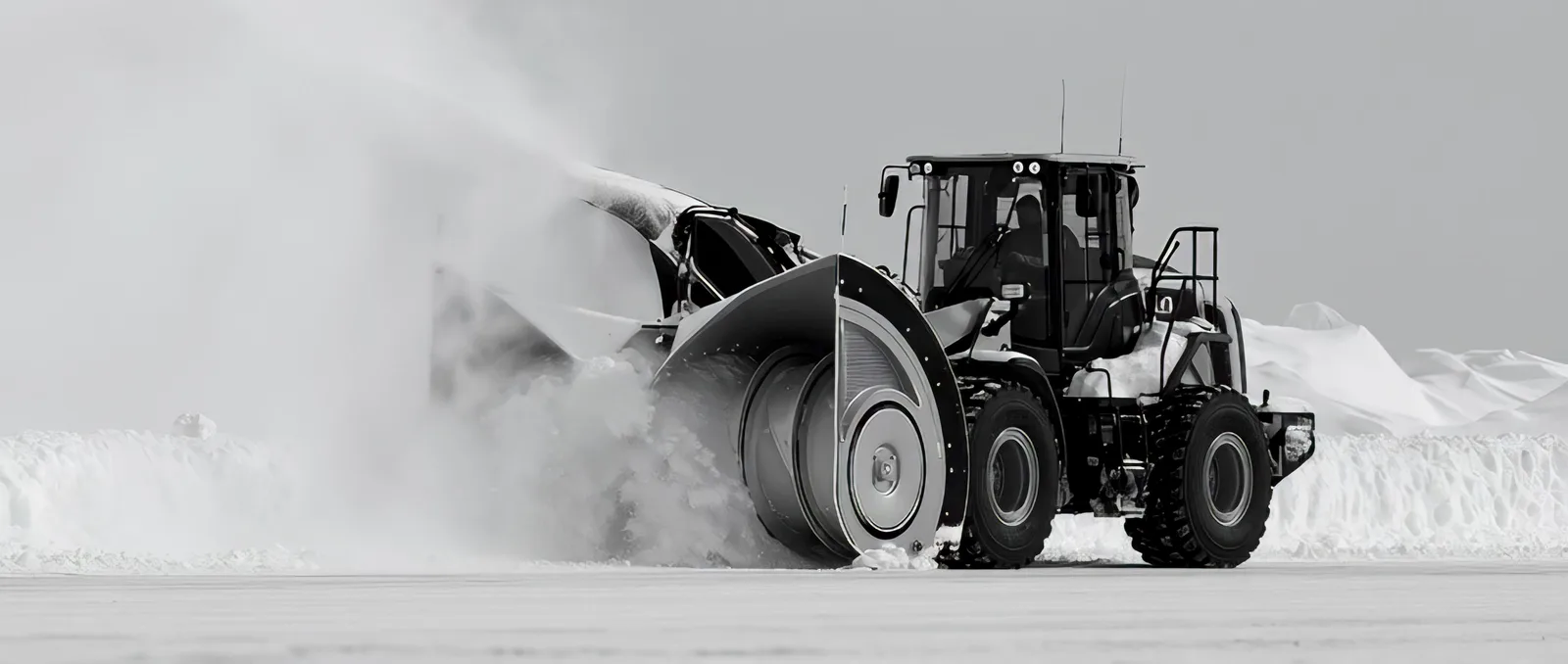 Wheel loader with a snow blower attachment throwing a long plume of snow, flat overcast light.