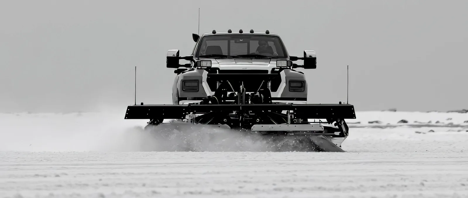 Pickup with a front blade pushing snow across a cleared surface, flat overcast light.