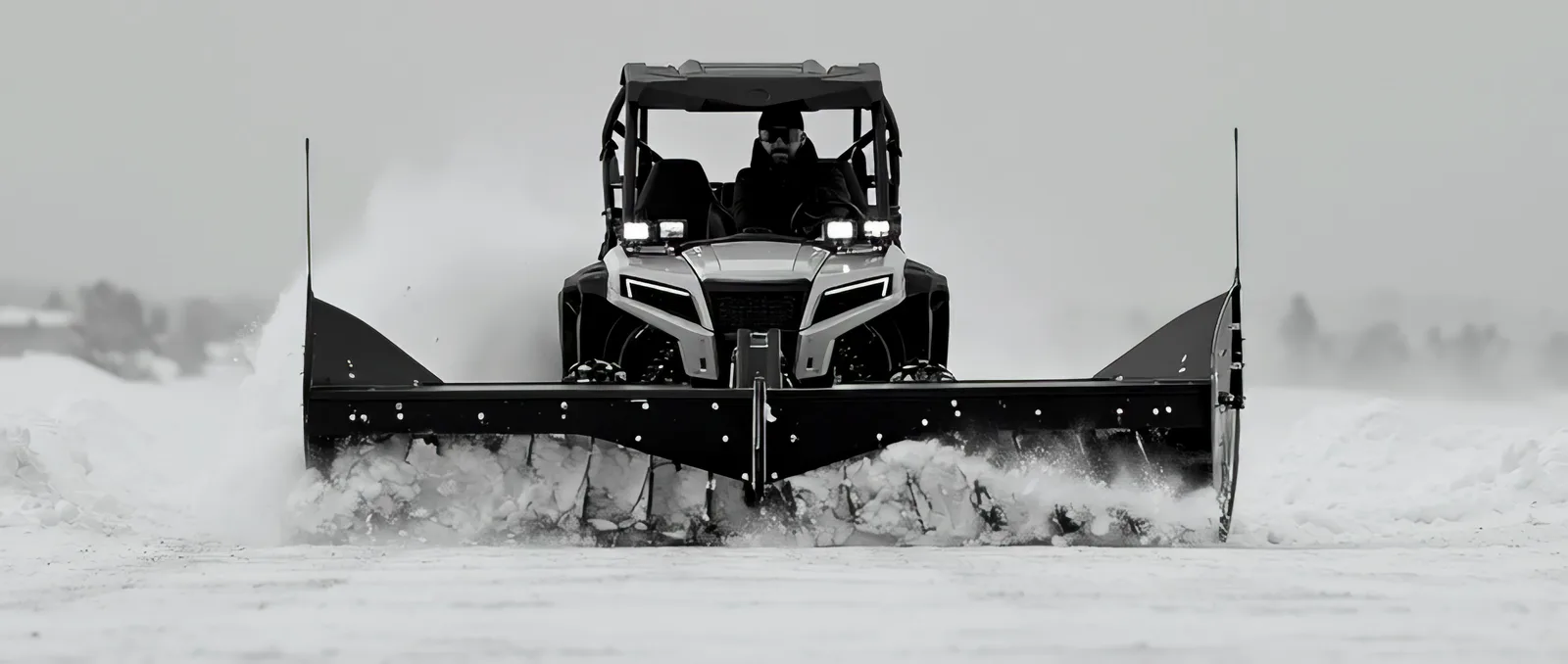 Utility vehicle with a wide V-plow and antenna masts, working under flat overcast light.